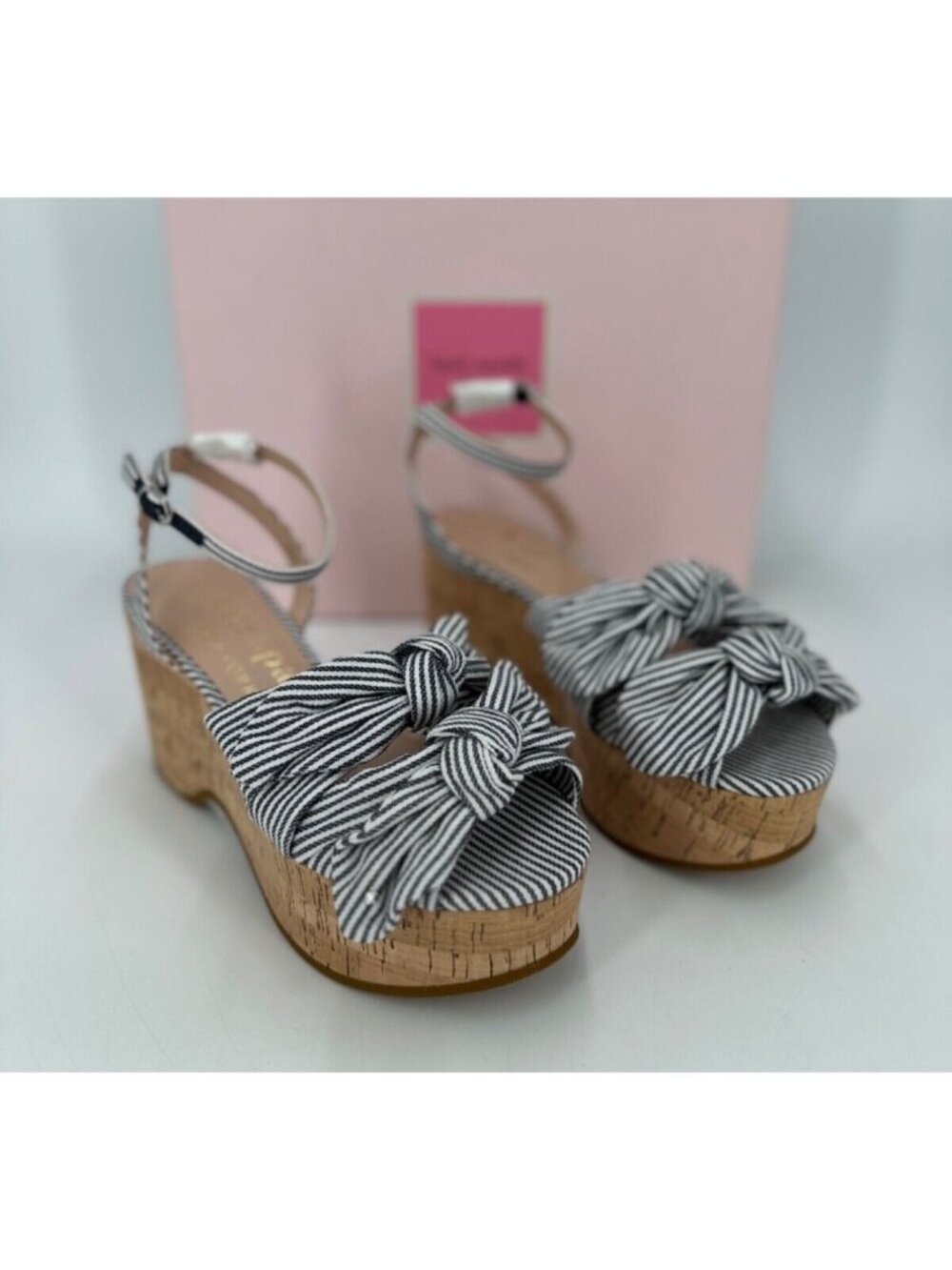 Kate Spade Julep Double Bow Platform Wedge Sandals sz 6.5 Navy Stripe Cork Ankle